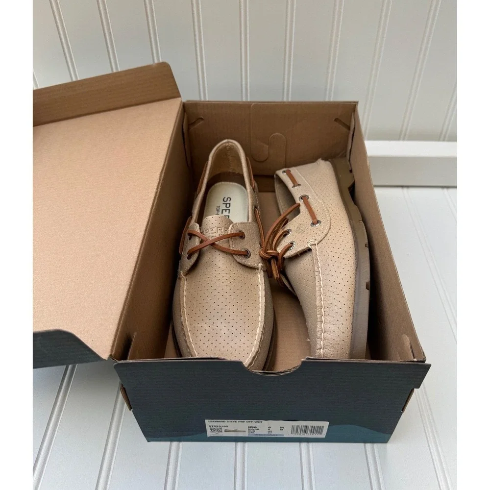 Sperry Leeward 2-Eye Perf, Off-White, Mens Boat Shoes 9M, NIB